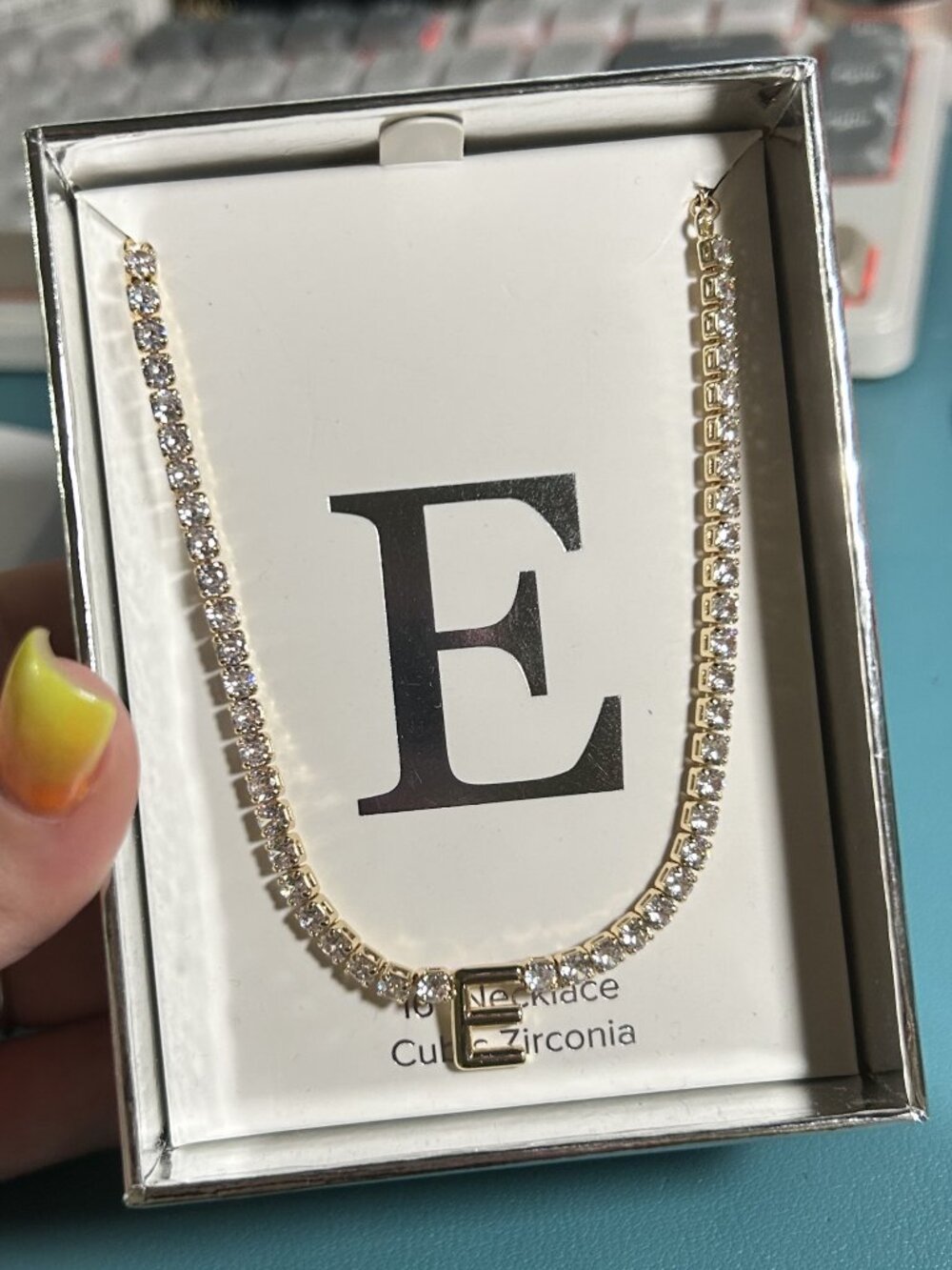 Evie & Emma Initial E Cubic Zirconia Tennis Necklace Gold Tone 16" NIB